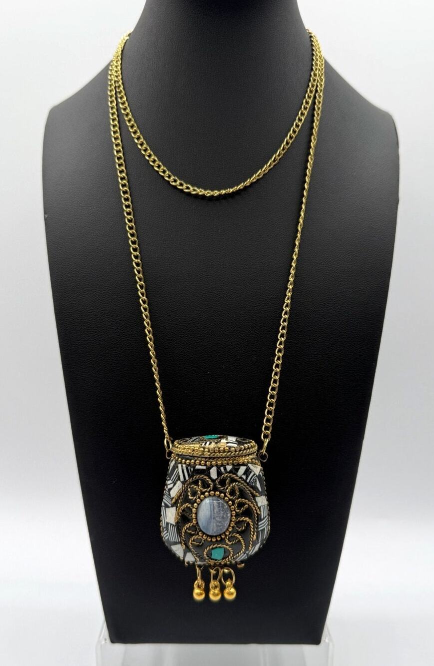 Vintage Tibetan Mosaic & Brass Stash/Purse Necklace On Long Chain